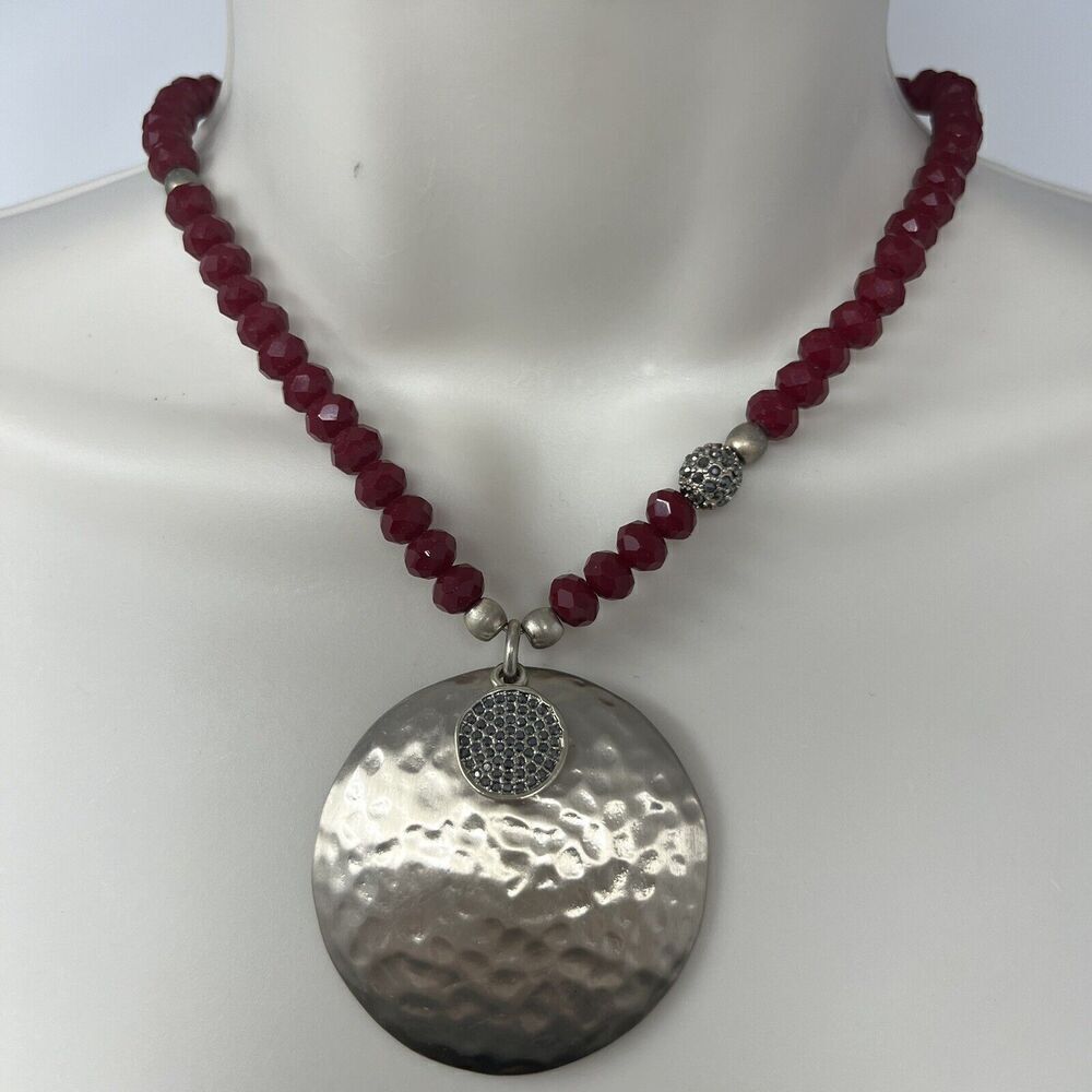 Chico's Necklace Red Beaded Pendant Chunky Adjustable Rhinestone Brass Antiqued
